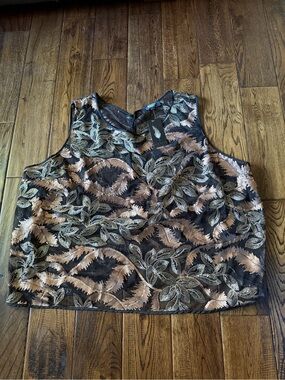 NWT FAIR CHILD Embroidered Black and Taupe Floral Sleeveless Sheer Blouse Size 3